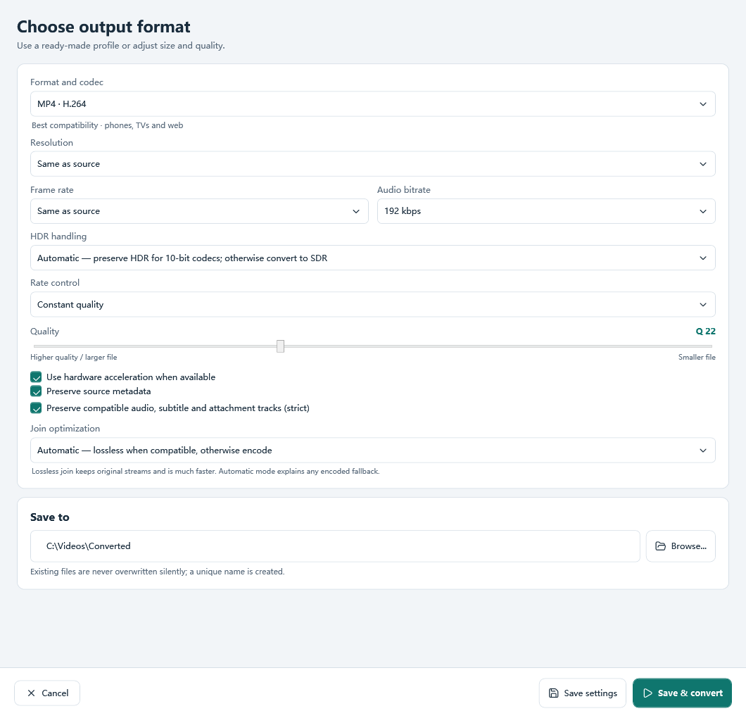 Output settings for an Apple profile