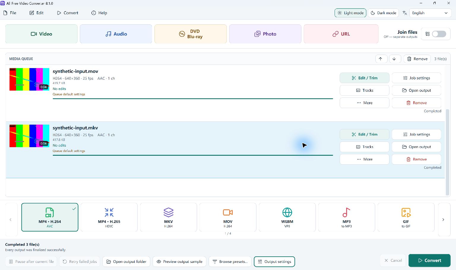 MOV and MKV test inputs completed as separate MP4 files in version 8.1.0