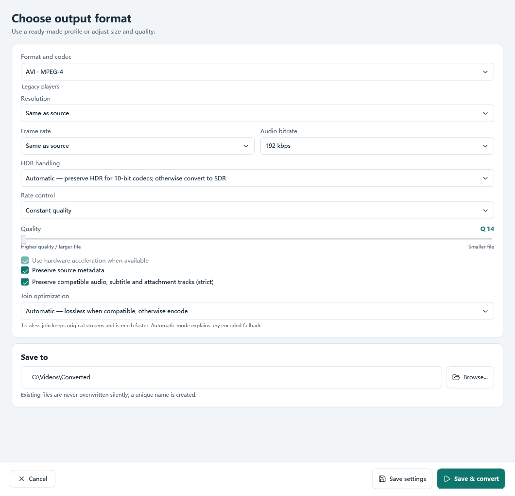 Output settings for AVI